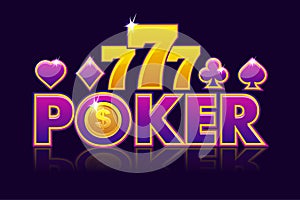 Screen Logo Poker background for lottery or casino, slot gambling icons with game card signs and 777. Game casino, slot, UI.
