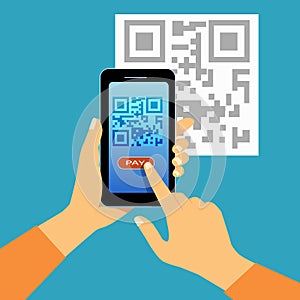 Screen mobile phone with app in hand. Scanning QRcode and online payment, money transfer. Illustration of flat style