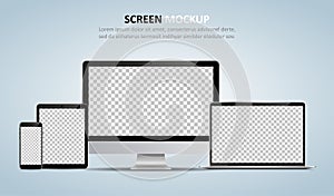Screen mockup. Computer monitor, laptop, tablet and smartphone with blank screen for design