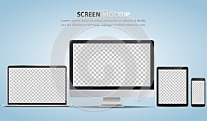 Screen mockup. Computer monitor, laptop, tablet and smartphone with blank screen for design