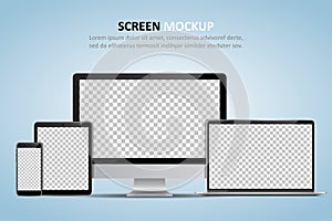 Screen mockup. Computer monitor, laptop, tablet and smartphone with blank screen for design