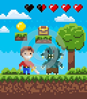 Screen of Pixel Game, Knight Hero and Geek Vector