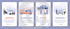 Screen poster for automobile mechanic mobile app vector set