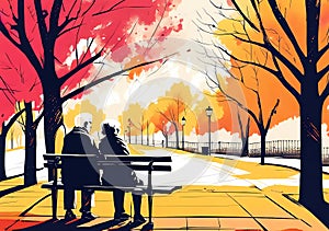 screen print illustration of an old couple sitting on a bench in a park looking away from the viewer