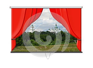 Screen with red curtains and beautiful landscapes photo