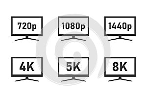 Screen Resolution icon set, 4K UHD, 5K, 8K, Quad HD, Full HD and HD resolution