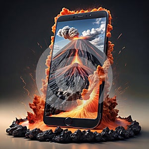 Screen of smart background on which a volcano erupts, lava goes beyond the volcano