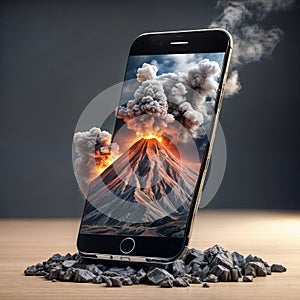 Screen of a smart bg on which a volcano erupts, lava goes beyond the volcano