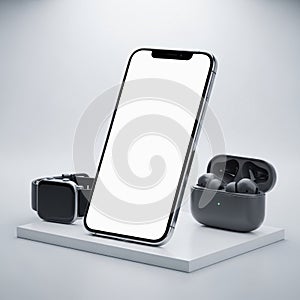 Screen a smart watch with a dark screen and band and wireless earbuds