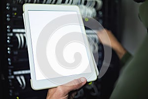 Screen, technician and hands with tablet for information on a server room for network analytics. Closeup, working and a