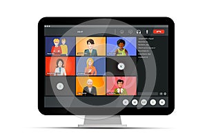 Screen of video conference, modern software for virtual meetings, remote work or lections on home computer on white