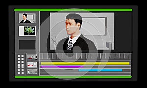 Screen with video editing software being active on it and a drawing of a man.