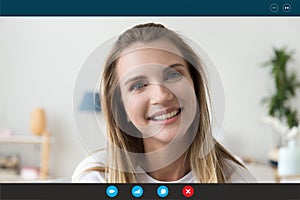 Screen view of happy woman speak on video call