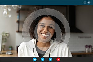 Screen view of smiling biracial woman have webcam call