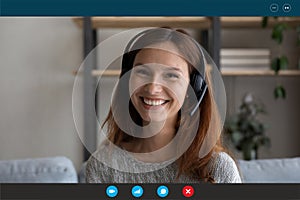 Screen view of smiling woman talk consult client online