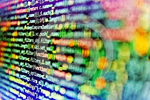 Screen of web developing code on dark background. Code of javascript language on white background. Close up of computer web page