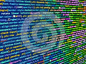 Screen of web developing javascript code. Computer programming coding screen source script of developer software at computing work