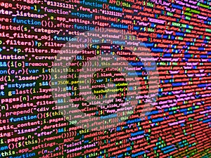 Screen of web developing javascript code. Data encryption security code on a computer display, close up. SEO concepts for better