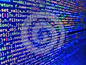 Screen of web developing javascript code. Future technology creation process. Programming code screen of software developer.