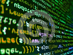 Screen of web developing javascript code. Programmer workplace. Mobile app developer. Software developer programming code on