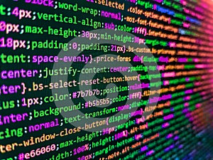 Screen of web developing php code on dark background. Abstract computer script about big data and blockchain database. Code on