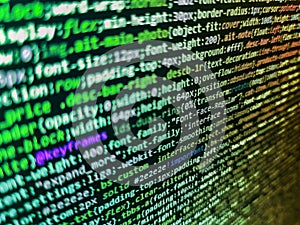 Screen of web developing php code on dark background. Coding application by programmer developer. Programming of Internet website