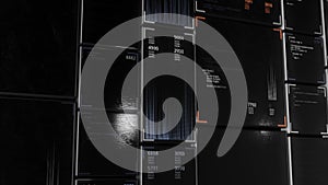 Screens of programming code on black background, seamless loop. Animation. Programming language and system engineering