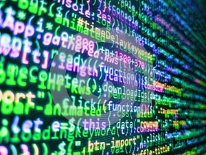 Screenshot with random parts of program code. Developer working on source codes on computer at office. Modern technology
