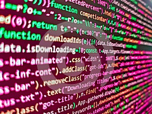 Screenshot with random parts of program code. Developer working on source codes on computer at office. Programmer developer screen