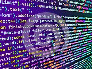 Screenshot with random parts of program code. Letters, chars, and digits. Modern application Source abstract algorithm concept.