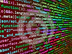 Screenshot with random parts of program code. Programming code abstract background screen of software. Database bits access stream