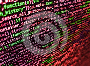 Screenshot with random parts of program code. Programming code screen of software developer. Data encryption security code on a