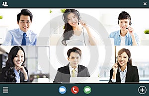 Screenshot of  smiling business group online brainstorm on video conference