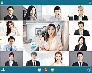 Screenshot of  smiling business group online brainstorm on video conference