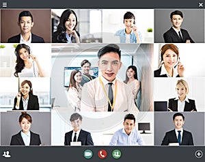 Screenshot of smiling business group online brainstorm on video conference