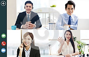 Screenshot of  smiling business group online brainstorm on video conference