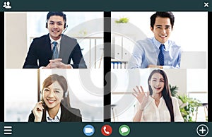 Screenshot of  smiling business group online brainstorm on video conference