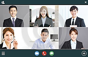 Screenshot of  smiling business group online brainstorm on video conference photo