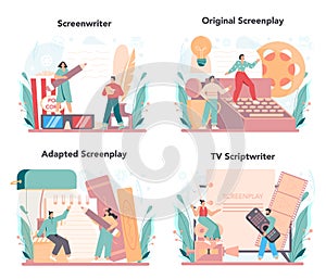 Screenwriter concept set. Person create a screenplay for movie.