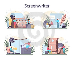 Screenwriter concept set. Person create a screenplay for movie. Author photo