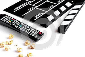 Screenwriter desktop with movie clapper board white background