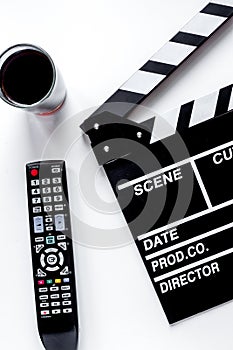 Screenwriter desktop with movie clapper board white background t