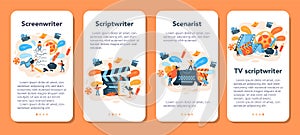 Screenwriter mobile application banner set. Person create a screenplay photo