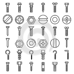 Screw-bolt icons set, outline style