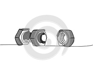 Screw, bolt and nut, dowel, pin, pintle one line art. Continuous line color drawing of repair, professional, hand photo