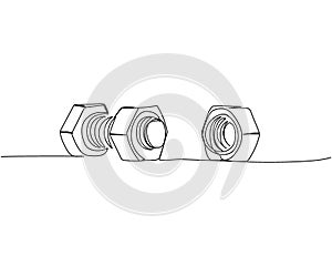 Screw, bolt and nut, dowel, pin, pintle one line art. Continuous line drawing of repair, professional, hand, people photo