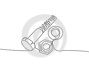 Screw, bolt and nut, dowel, pin, pintle one line art. Continuous line drawing of repair, professional, hand, people photo