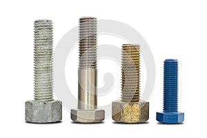 Screw, bolt, stud, nut, washer and spring washer isolate on white with clipping path.