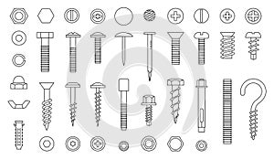 Screw line icons. Nut nail and bolt. Fixation iron river, metal hardware, hook and drill, outline black instruments