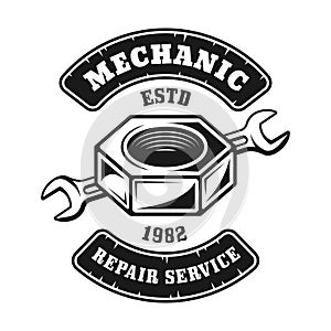 Screw nut and wrench vector emblem, label, badge